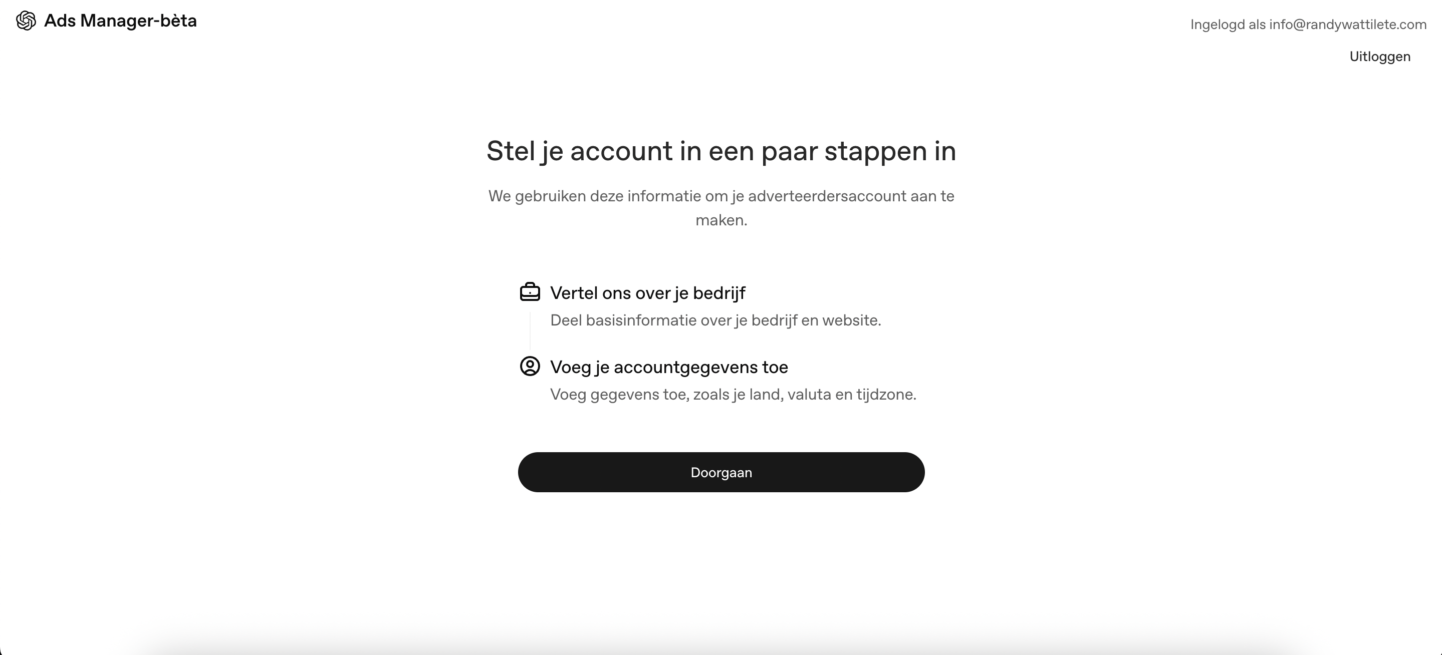 Het beginscherm van ChatGPT Ads Manager