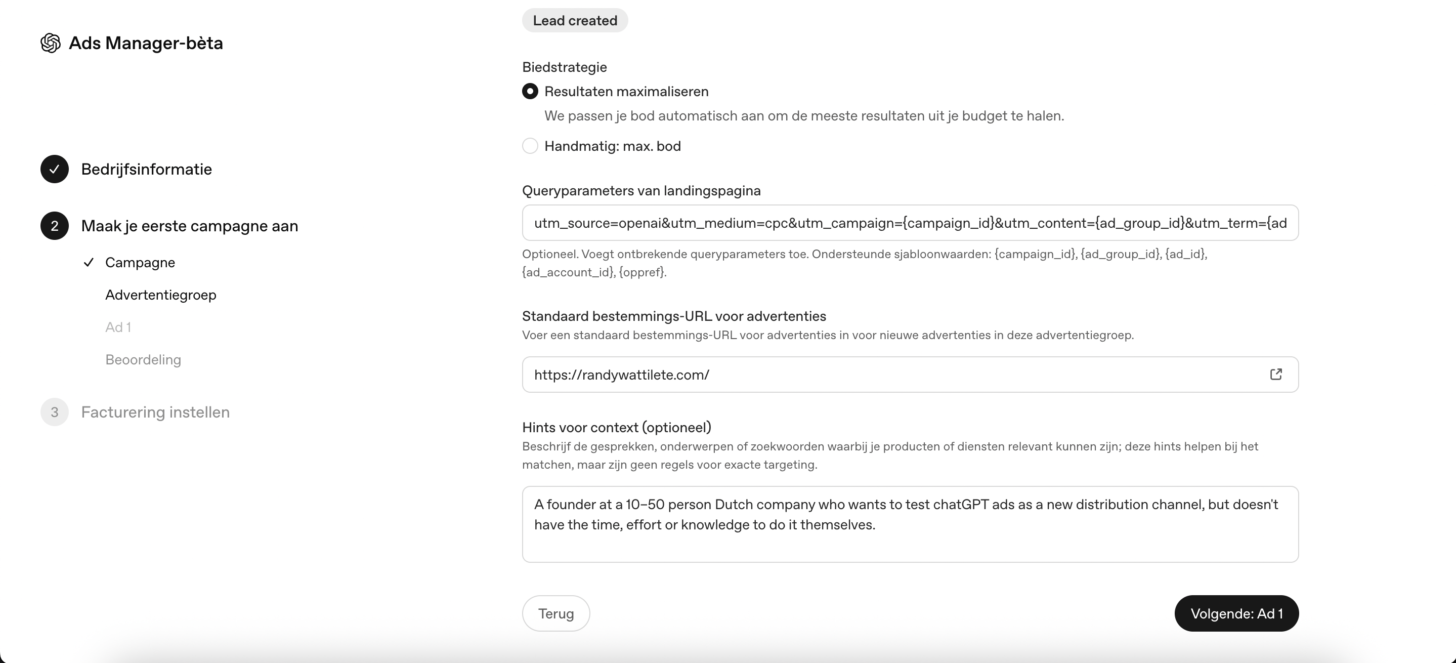 Het veld voor context hints in de advertentiegroep