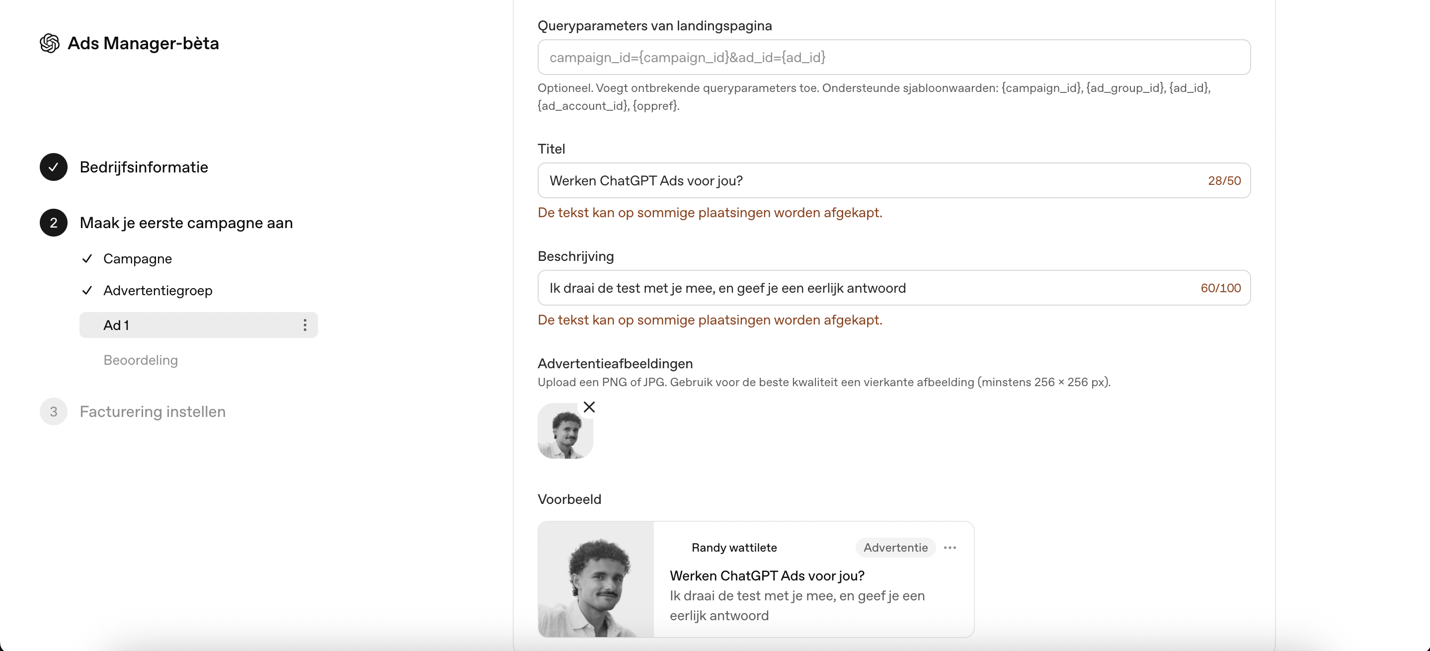Het advertentiescherm met tekenteller en waarschuwing