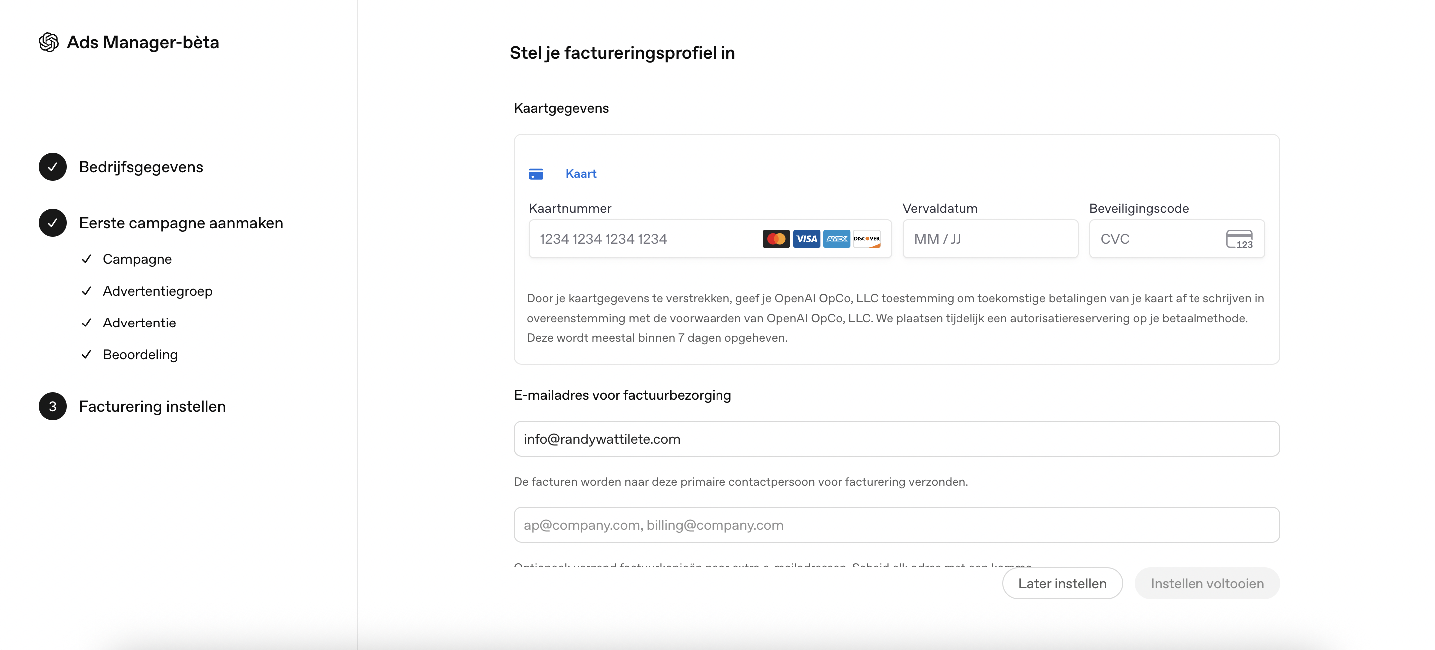 Facturering instellen met kaartgegevens