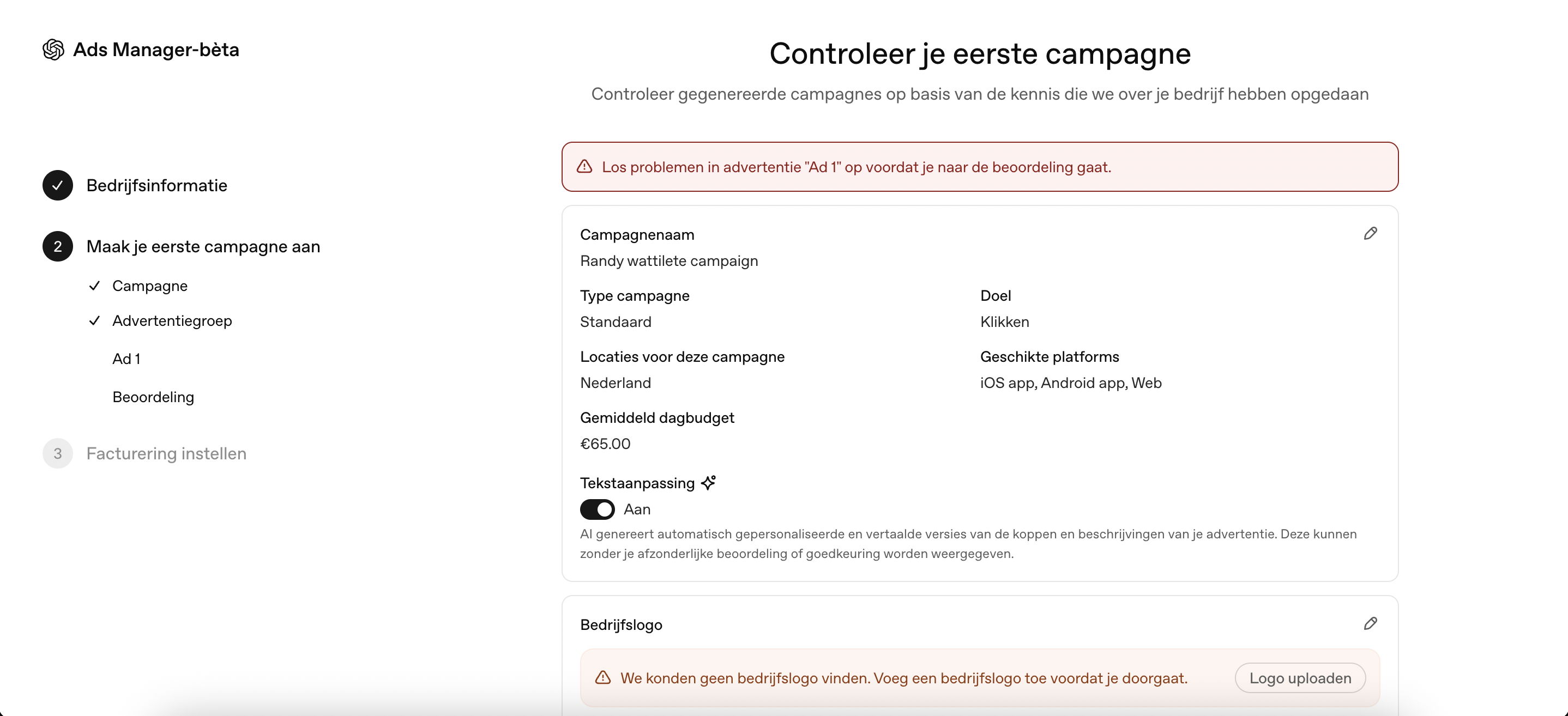 De automatisch gegenereerde eerste campagne