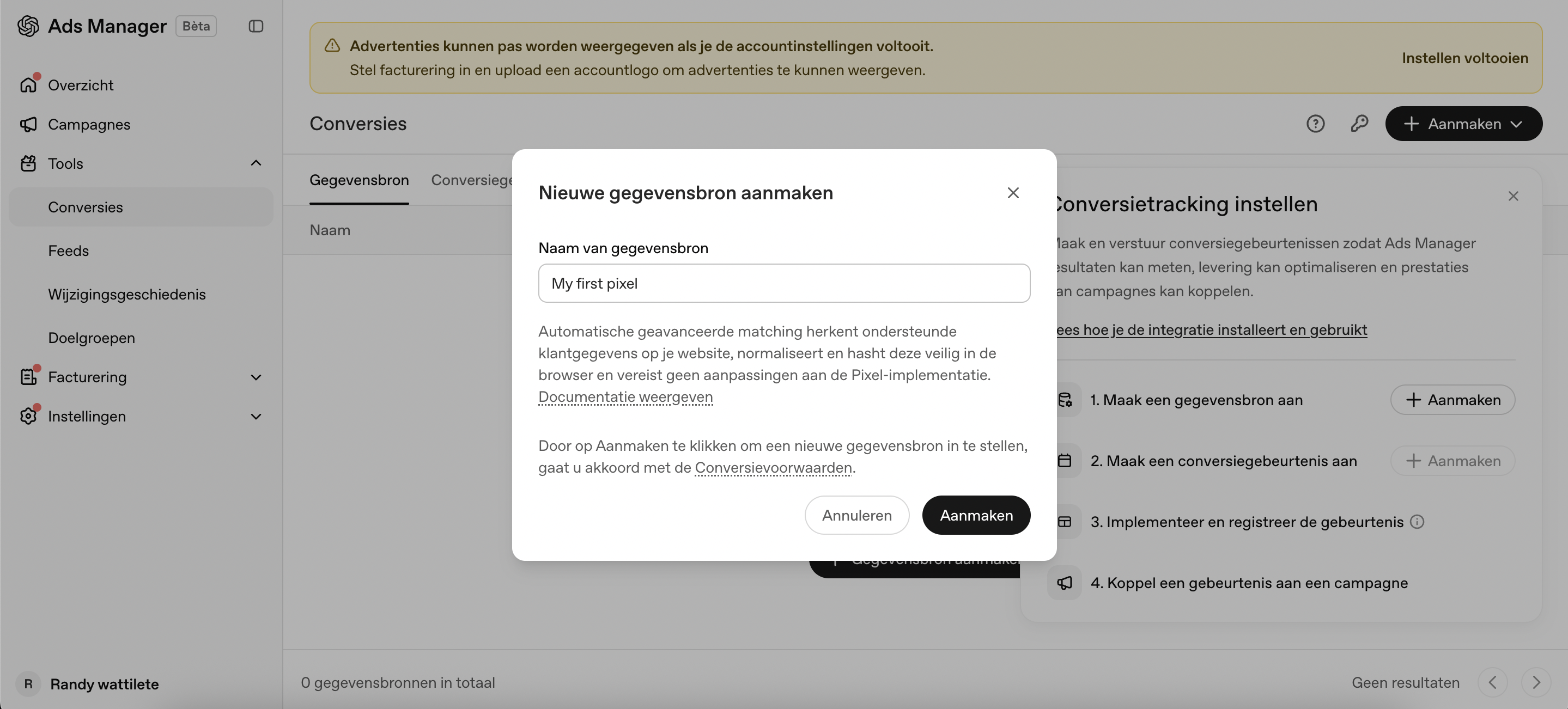 Een nieuwe gegevensbron aanmaken in Ads Manager
