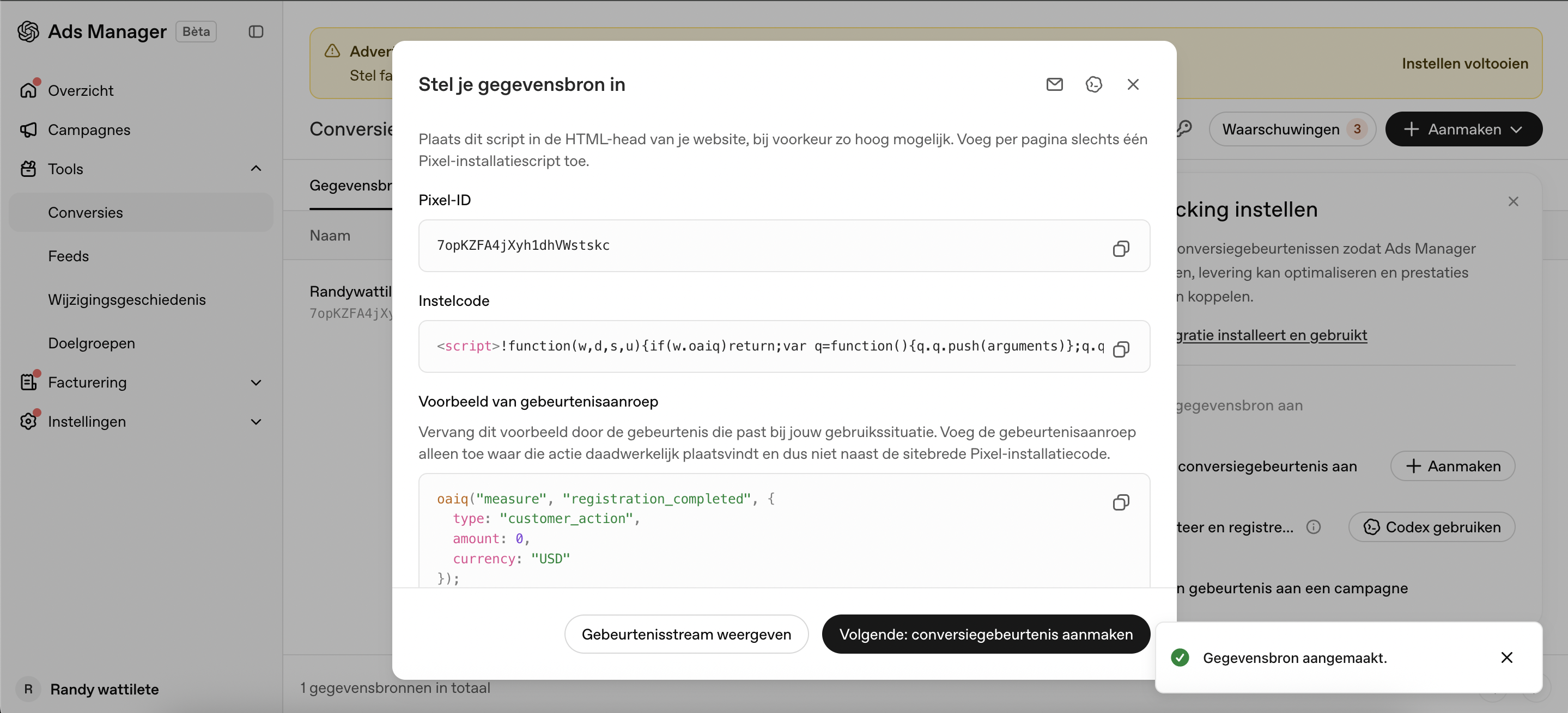 Het installatiescript en de Pixel-ID