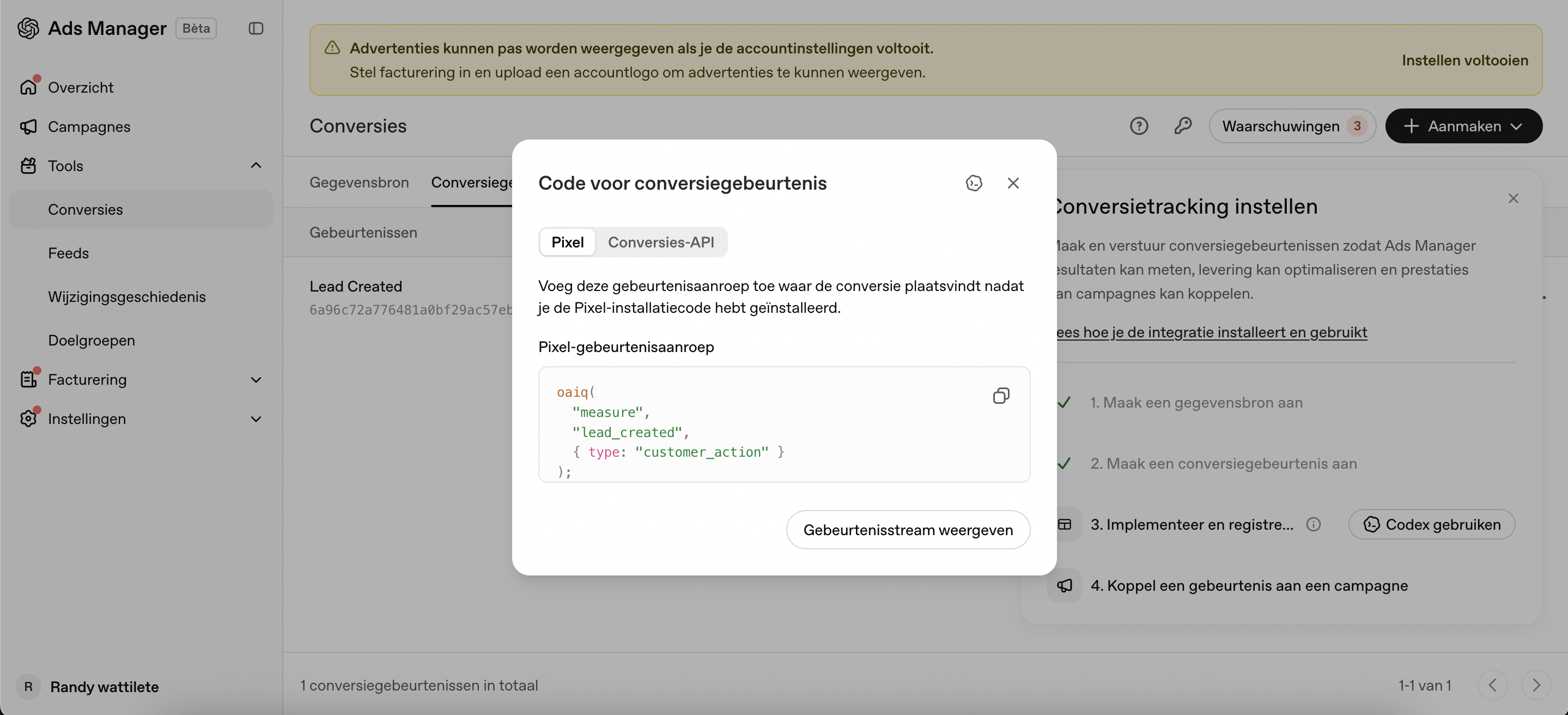 De code voor de conversiegebeurtenis