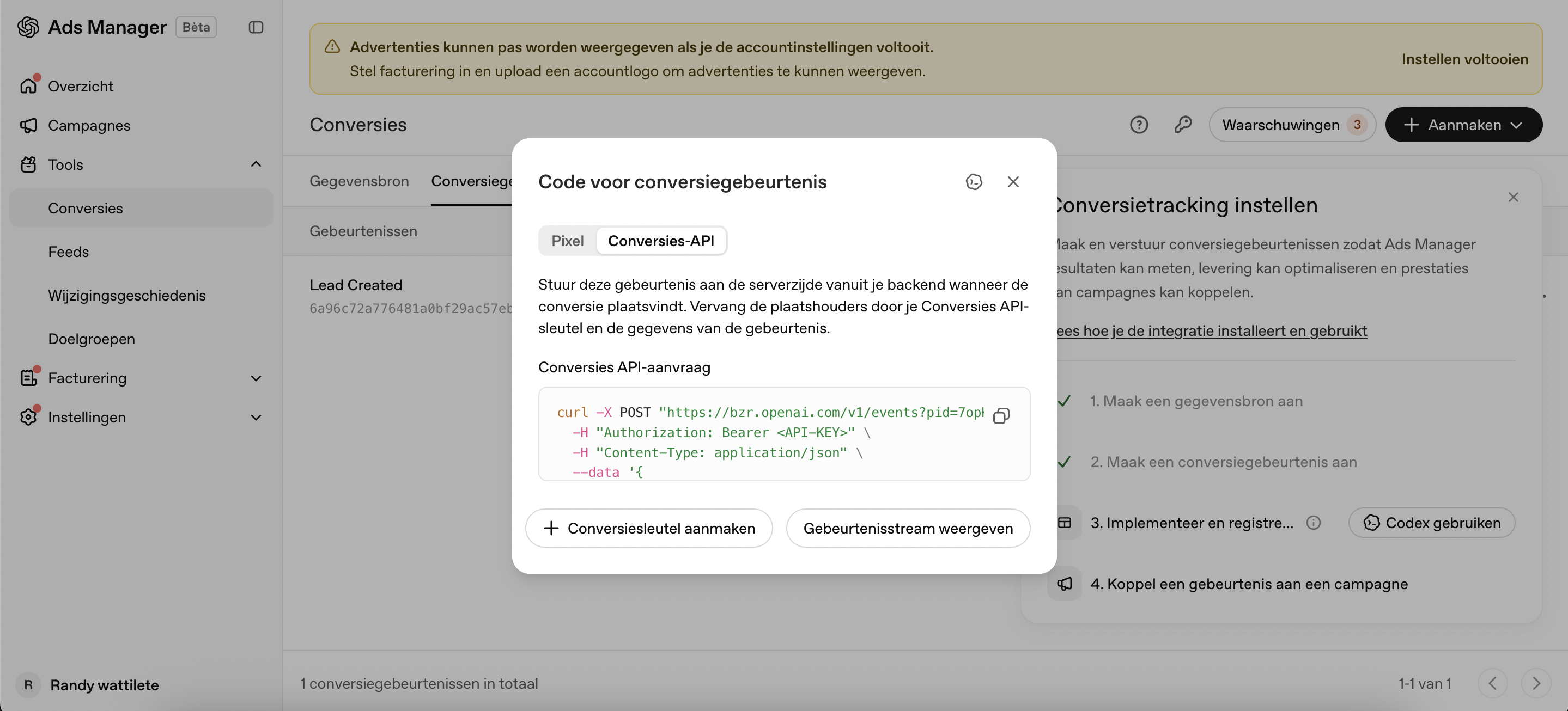 De Conversies-API met het curl-voorbeeld