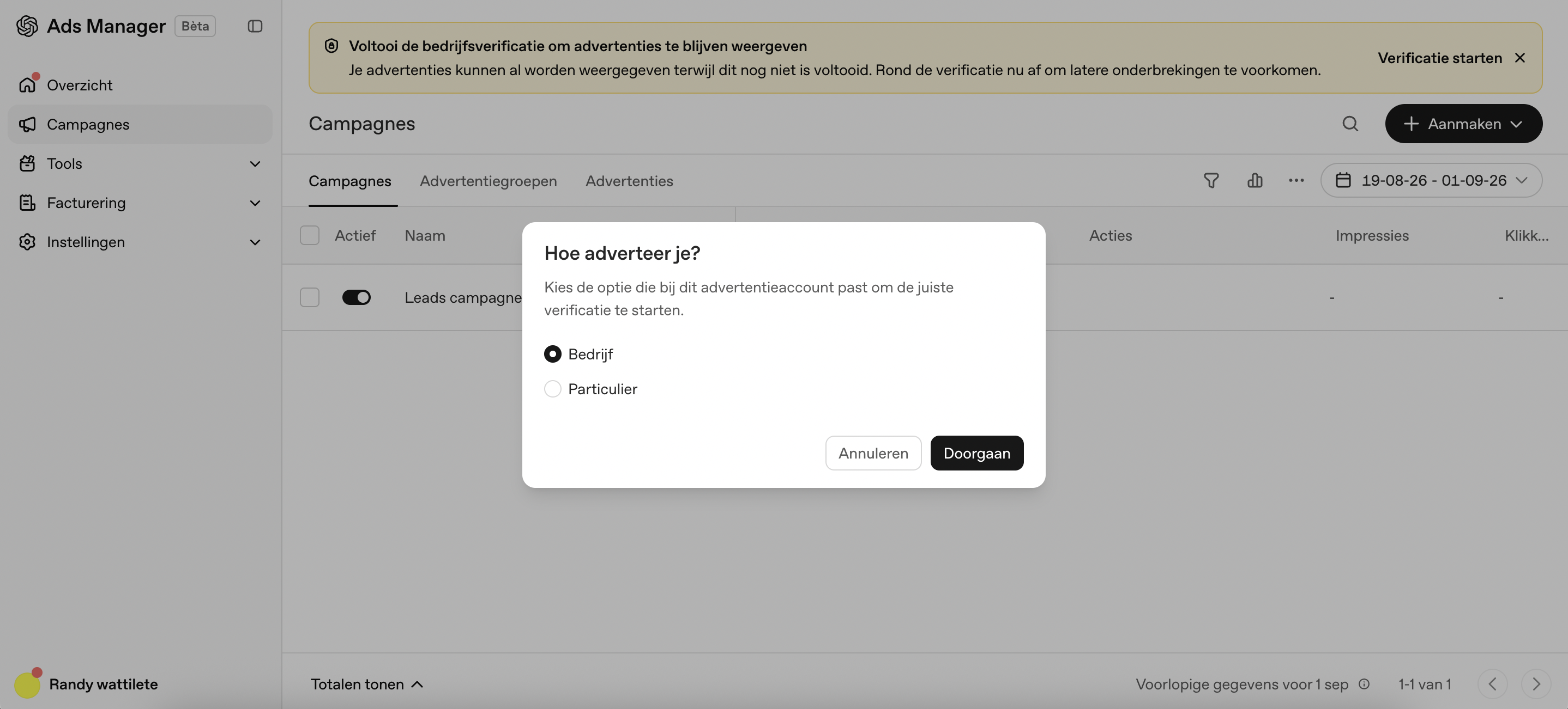 De banner die om bedrijfsverificatie vraagt