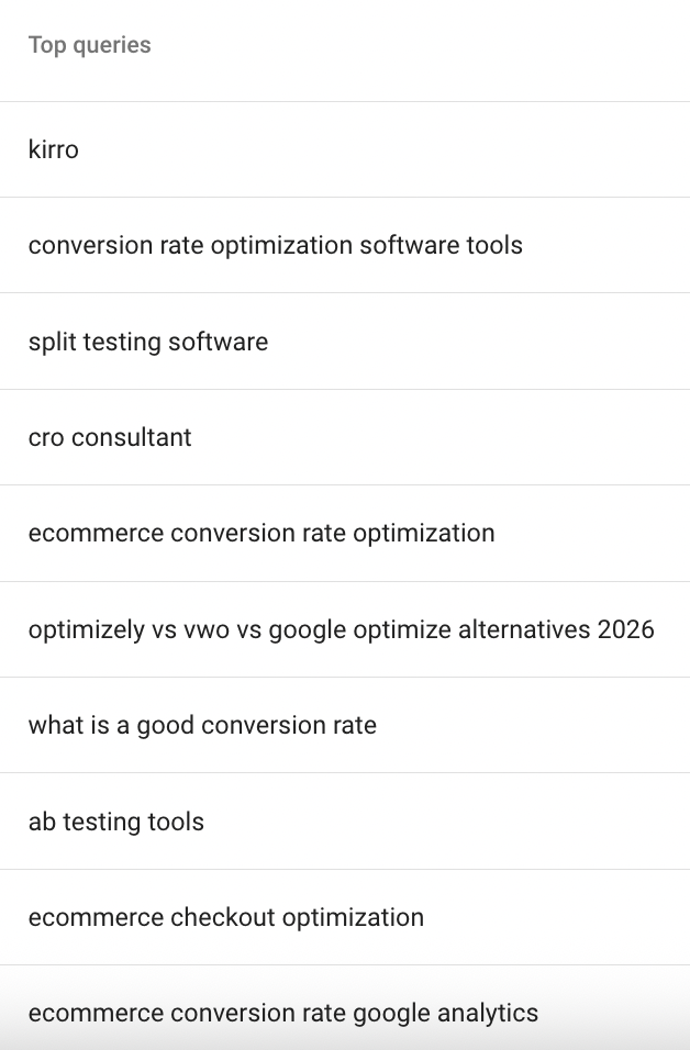Search Console top queries for the Kirro blog: split testing software, conversion rate optimization software tools, cro consultant, ab testing tools, ecommerce conversion rate optimization, and similar buyer-intent searches.